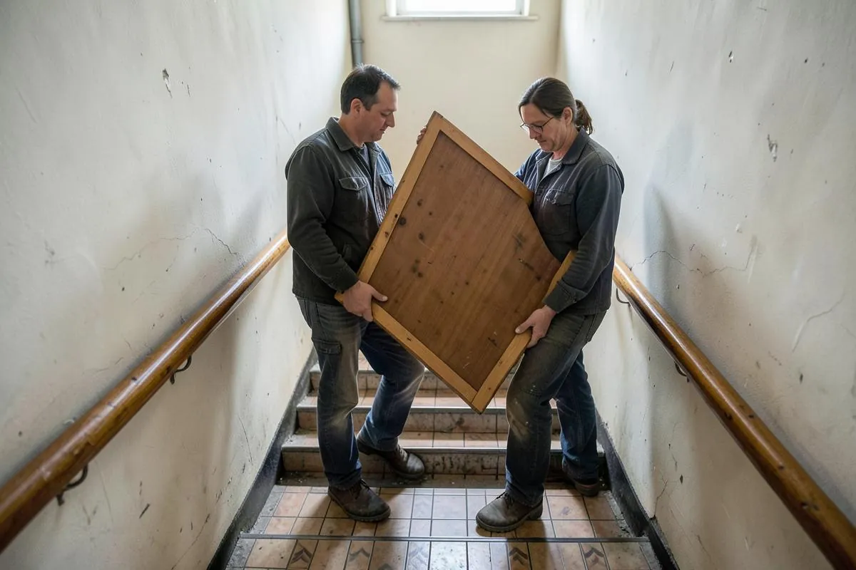 Team von LV Transporte trägt Möbel durch ein enges Altbau-Treppenhaus bei einer Entrümpelung in Fürth