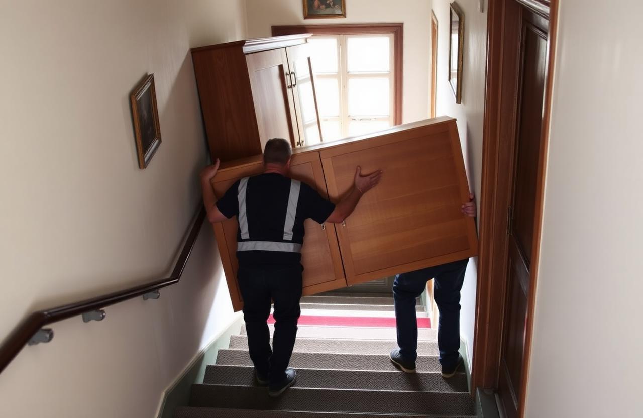Team von LV Transporte trägt einen Schrank aus einem Nürnberger Altbau zur Möbelabholung
