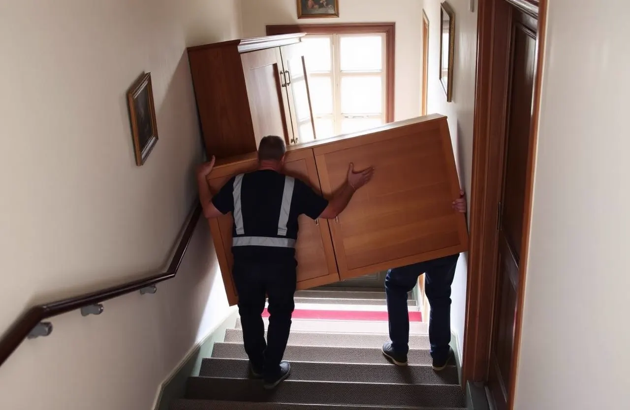 Team von LV Transporte trägt einen Schrank aus einem Nürnberger Altbau zur Möbelabholung