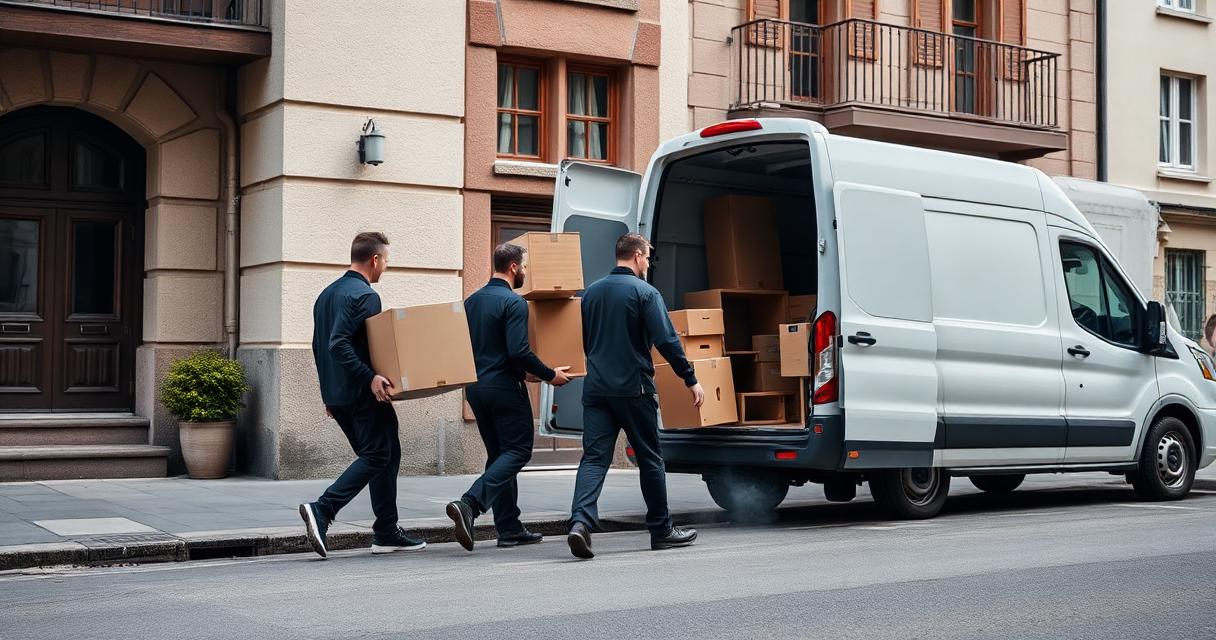 Team von LV Transporte bei einer Wohnungsräumung in Nürnberg trägt Möbel zum Transporter