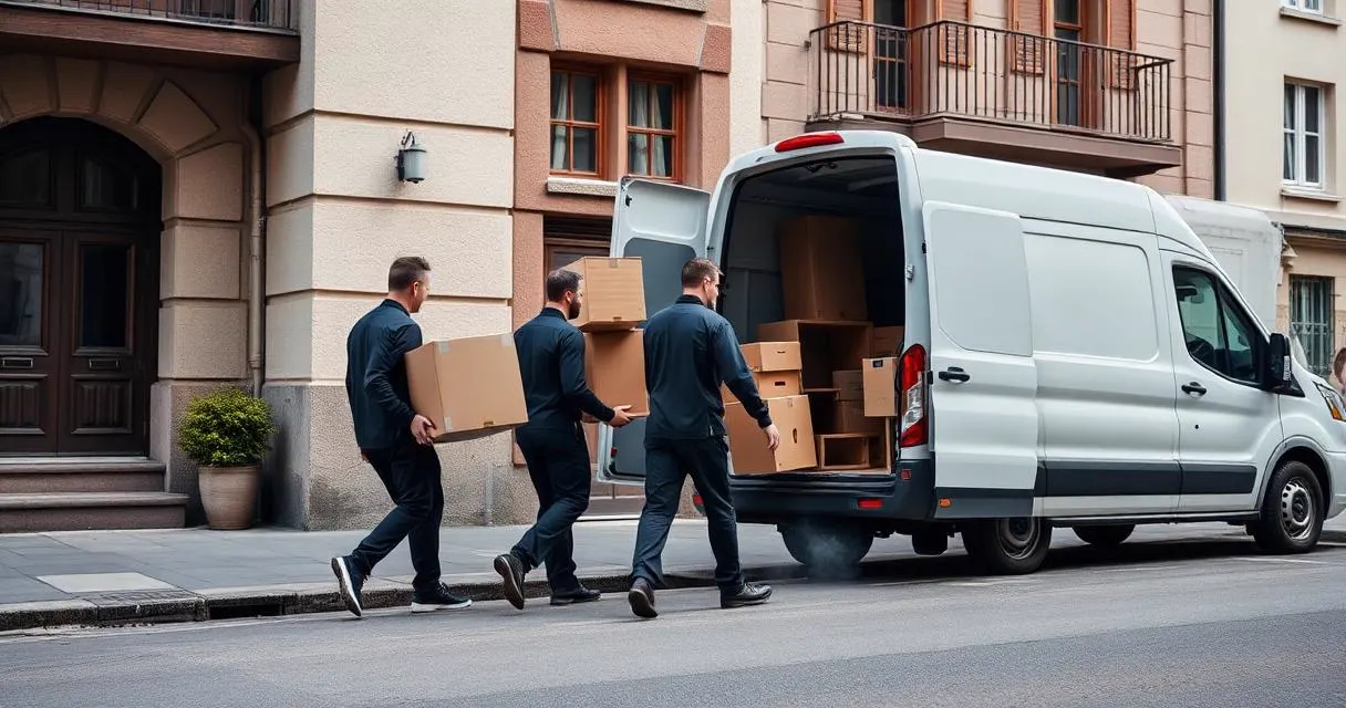 Team von LV Transporte bei einer Wohnungsräumung in Nürnberg trägt Möbel zum Transporter