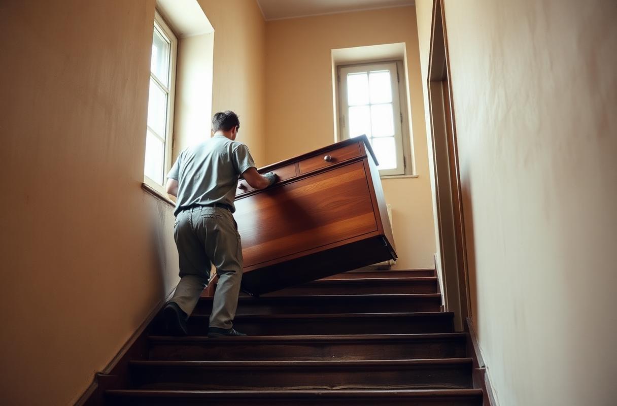 Team von LV Transporte trägt Möbel durch ein enges Altbau-Treppenhaus in Nürnberg
