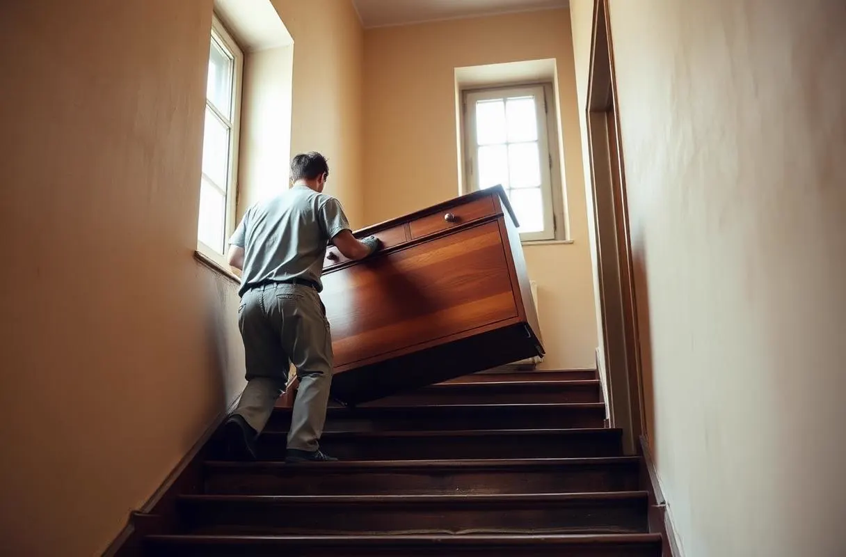Team von LV Transporte trägt Möbel durch ein enges Altbau-Treppenhaus in Nürnberg
