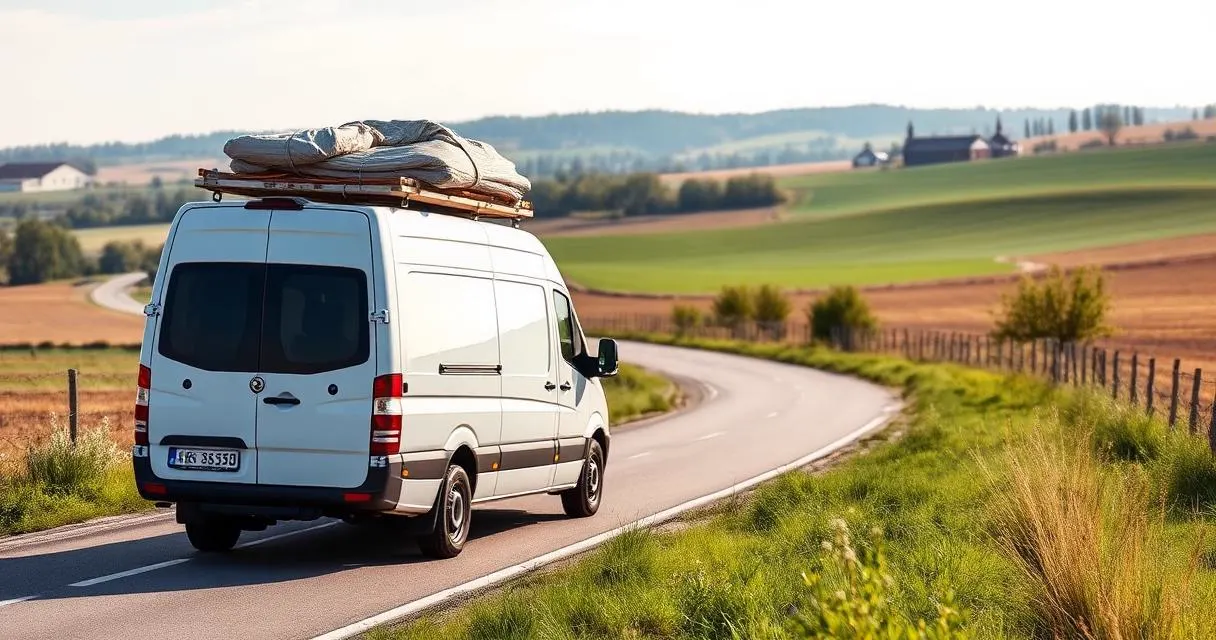Transporter von LV Transporte auf einer Landstraße im Nürnberger Umland unterwegs zu einer Wohnungsauflösung